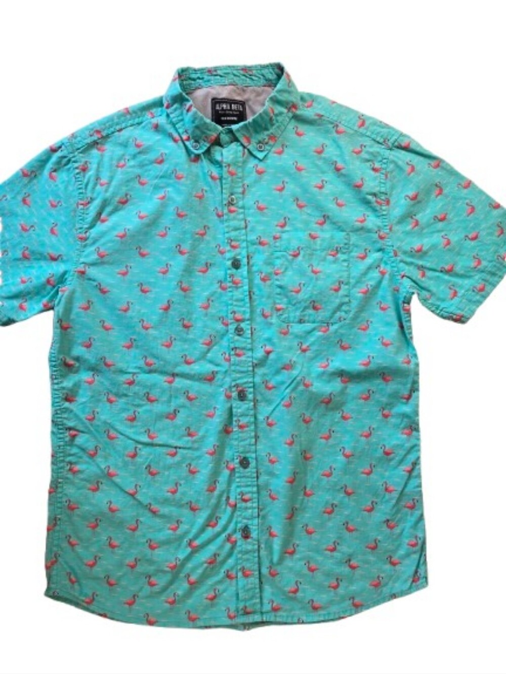 Alpha Beta Flamingo Print Turquoise Short-Sleeve Button-Up Shirt Size Medium
